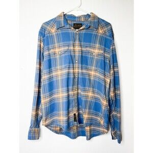 Lucky Brand Saturday Stretch Flannel Shirt Men’s Large Blue Yellow Pearl Snap
